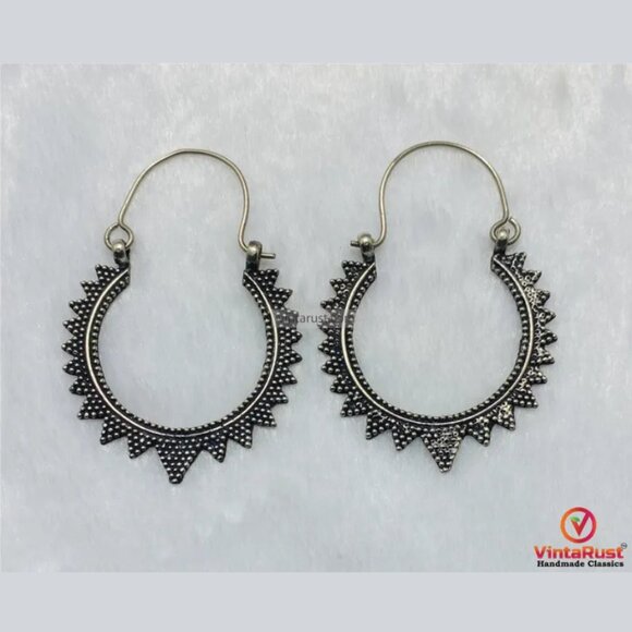 Oxidized Silver Festival Hoop Earrings: Tribal Boho Handmade Hoop Earrings - Picture 2 of 5